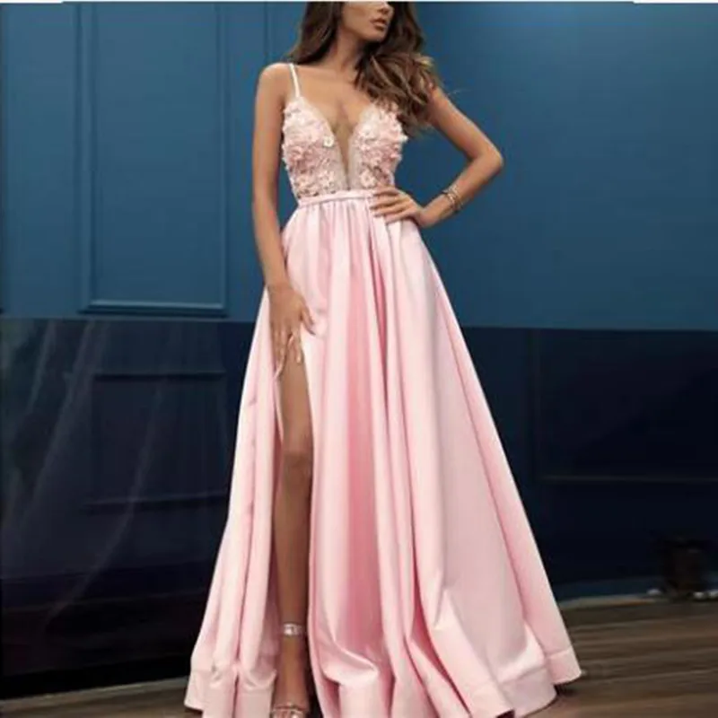 

High Waist V neck Satin Long Dress New 2019 Elegant Appliques Evening Party Slip Dresses Women Pretty Pink Sexy Slit Maxi Dress