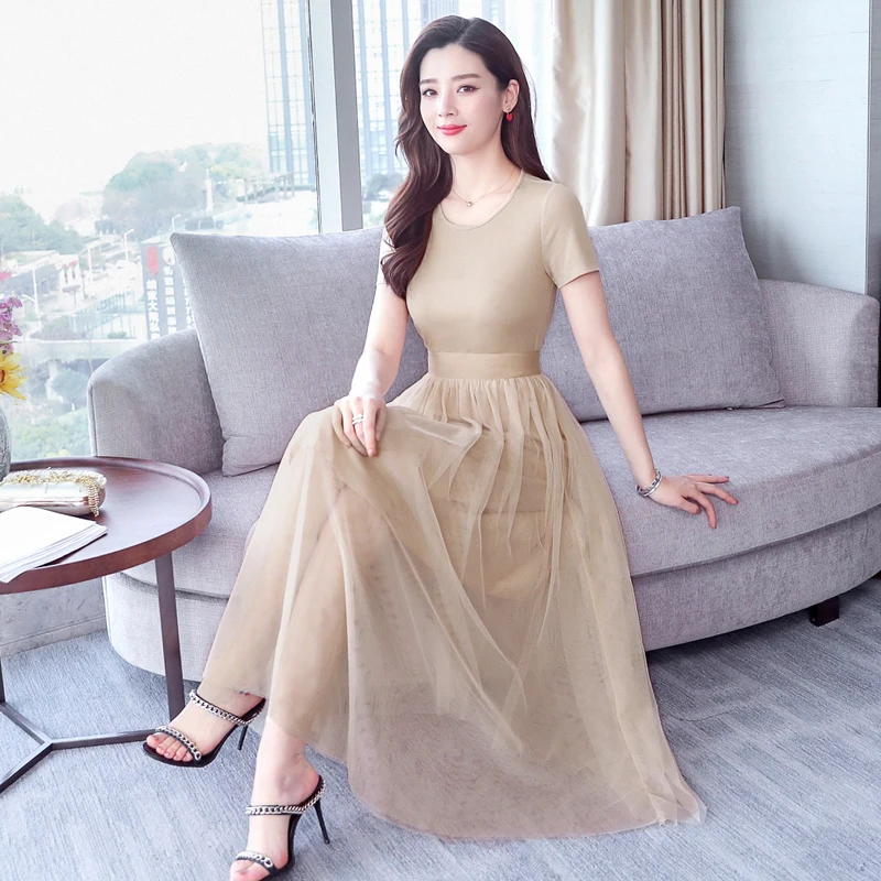 

Plus Size M-3XL 2019 Summer New Arrival Elegant Round Collar Short Sleeve Solid Color Woman Chiffon Gauze Long Dress