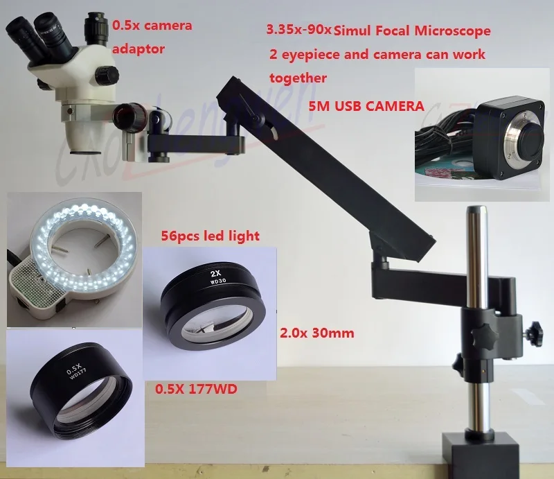 

FYSCOPE 3.35X-90X STEREO ZOOM SIMUL FOCAL MICROSCOPE +ARTICULATING STAND WITH ARM PILLAR CLAMP MICROSCOPES+5MP CAMERA