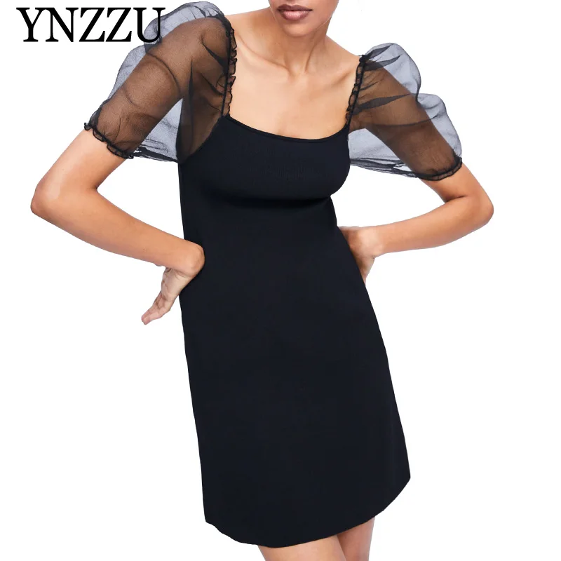 

YNZZU 2019 new arrival puff sleeve knit dress Black A-line square collar women mini dress Sexy semi-sheer elegant vestidos YD261