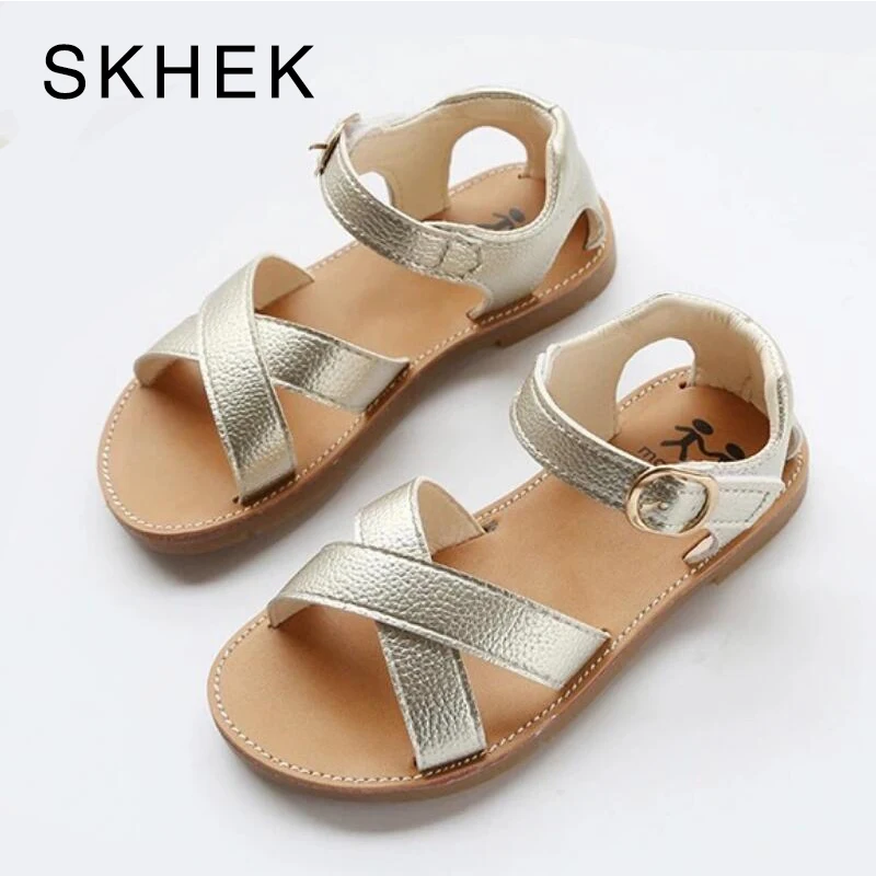 SKHEK-zapatos de piel sintética para niñas, sandalias para bebés, zapatos antideslizantes, color negro, dorado y blanco