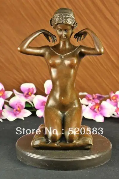 

French Kneeling Woman Nude Erotic Bronze Sculpture Statue Marble Base Figure Art