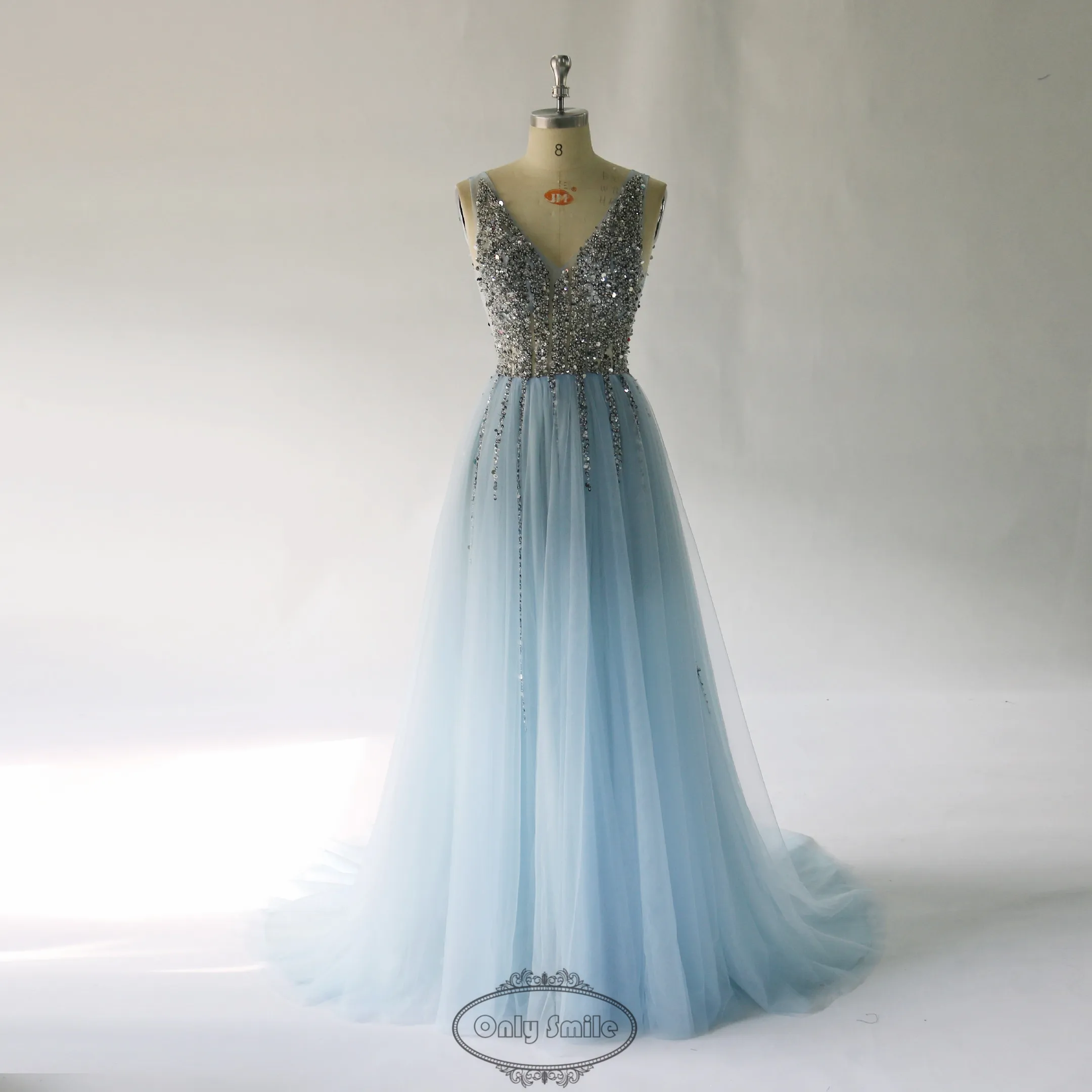

V Neck Sparkly Beaded Evening Dress 2019 Backless Prom Celebrity Dresses Elegant Sexy See Through High Split Vestido de Festa