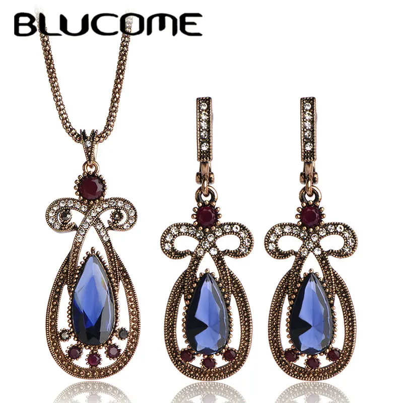 

Blucome Vintage Water Drop Pendant Necklace Earrings Turkish Jewelry Sets Blue Resin Crystals Women's Girl Wedding Accessories