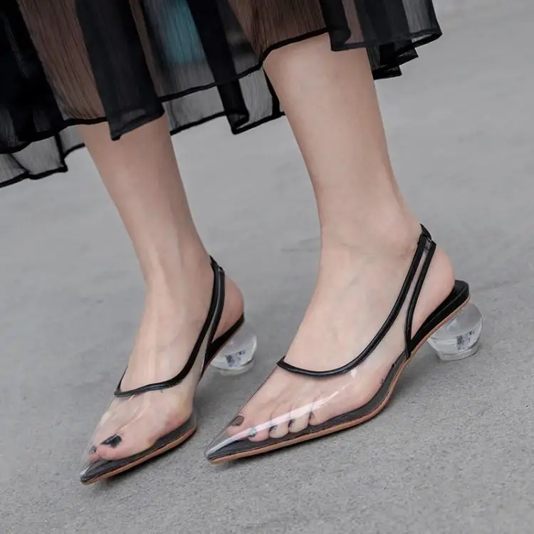

Luxury Black Yellow Beige PVC Clear Upper Women Sandals Pointed Toe Slip On Back Strap Summer Womens Shoes Strange Ball Heels