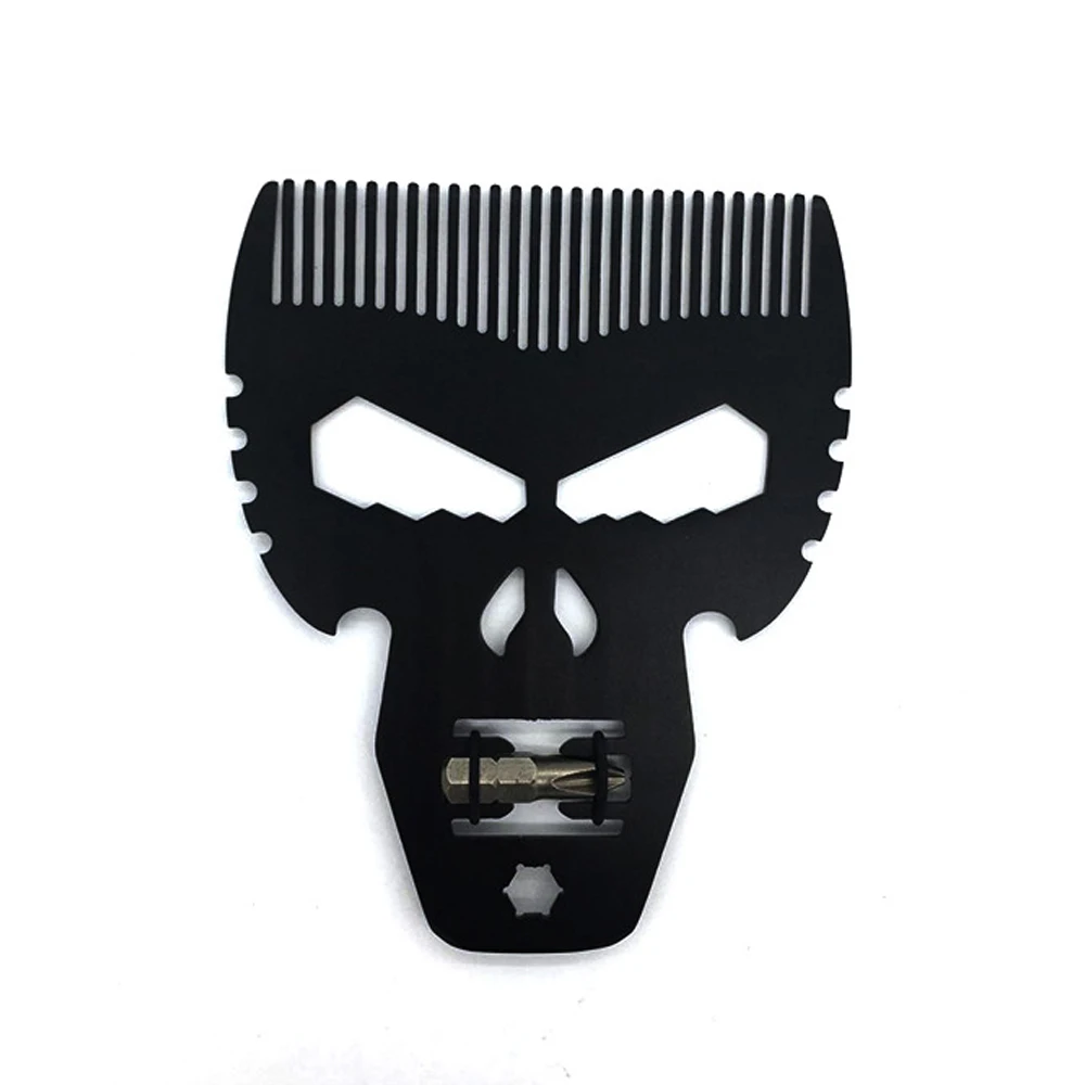 

1Pc Black Skull Portable Anti-static Stainless Steel Metal Beard Comb Molding Template Hair Brush Oil Head Comb