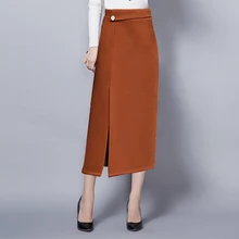 Женская мода размера плюс кашемировая Однотонная юбка ампир зимняя теплая прямая юбка с разрезом