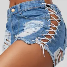 Сексуальные летние женские джинсовые шорты новые черные синие с высокой талией рваные короткие джинсы для женщин кисточкой шнуровка повязки Hotpants