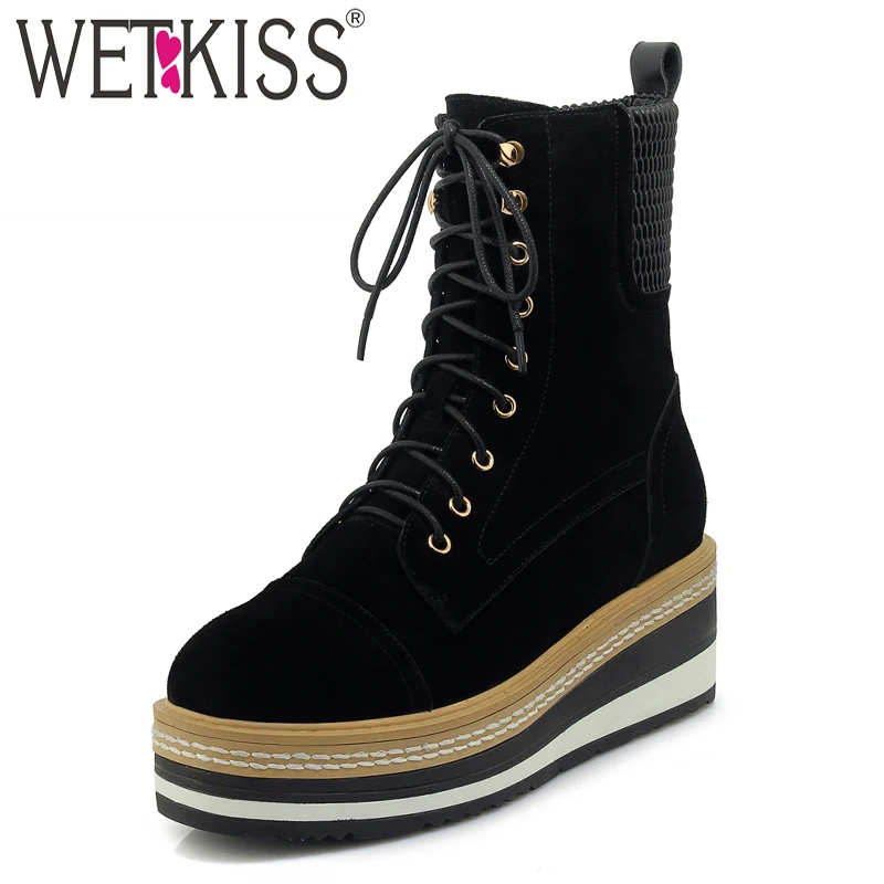 

WETKISS Motorcycle Women Ankle Boots Round Toe Footwear Platform Female Boot Fashion Casual Cow Suede Shoes Woman Winter 2018
