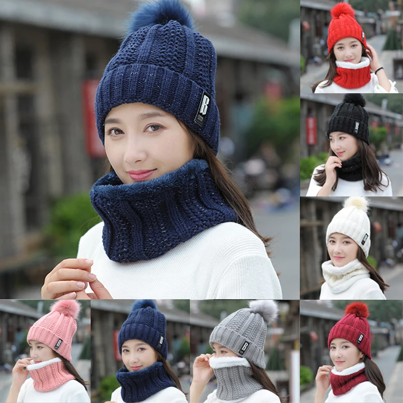 2Pcs Women Winter Scarf Hat Warm Set Solid Knitted Soft Cotton Bib Scarves