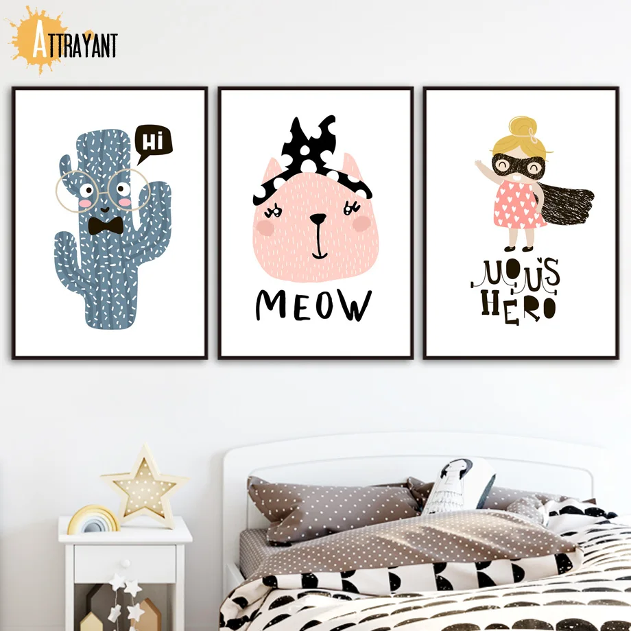 

Cartoon Cactus Cat Superwoman Nordic Posters And Prints Wall Art Canvas Painting Wall Pictures Kids Bedroom Baby Girl Room Decor
