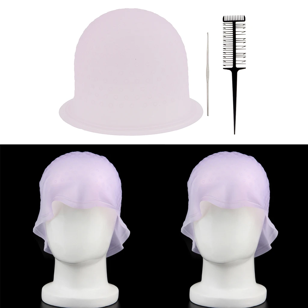 Reusable Salon Highlighting Dye Hair Coloring Frosting Cap + Metal Hook Pink+ 3 Way Sectioning Weave Highlighting Comb