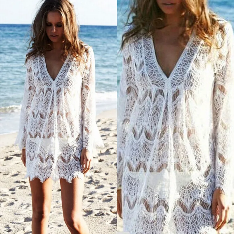 

White Lace Dress Long Sleeves Dresses Large Sizes Summer Boho Dresses For Women Plus Size Sexy Ladies Beach Dress Short Vestidos