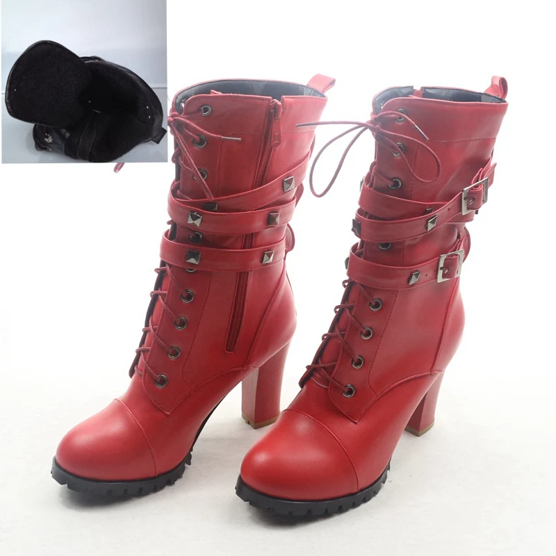 REAVE CAT/женские ботинки до середины икры кожаные высокие сапоги на высоком толстом каблуке, на платформе, с пряжкой, на молнии, с заклепками, на шнуровке женская обувь, размер 43, QA3646 - Цвет: Red short fur