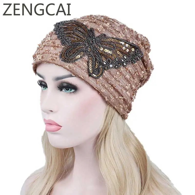 Sequin Turban Hat Women Animal Beanies For Adults Chemo Hats Skullies Beanies Female Lace Butterfly Knitted Cap Autumn Warm Caps
