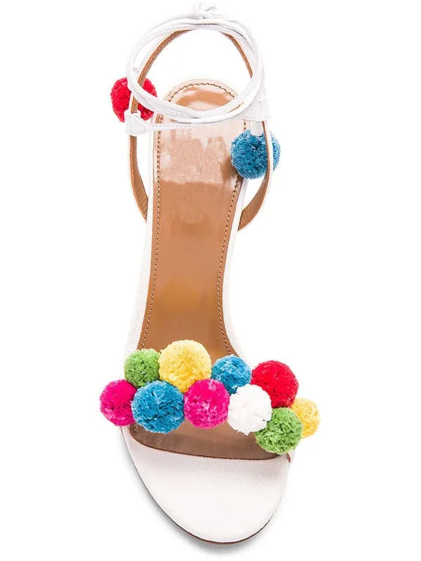 Summer High heel women colorful bubbles pom pom sandals open toe super high thin heels ankle strap lace-up women shoes white