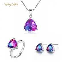 Wong Rain 925 en argent Sterling mystique arc-en-ciel topaze pierres précieuses en or blanc boucles d'oreilles boucles d'oreilles anneau collier bijoux ensemble en gros(China)
