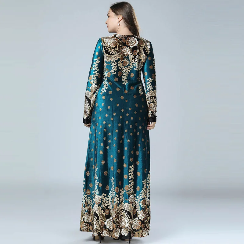 New Winter Velvet Maxi Long Dresses Elegant Gold Stamping Floral Printing Muslim Dress BLUE PINK GREEN M - 4XL