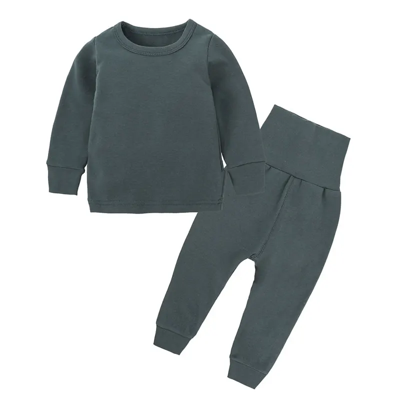 Повседневная осенняя одежда для детей, костюмы для сна хлопковый однотонный топ с длинными рукавами+ штаны, 2 предмета, детская одежда пижамные комплекты для мальчиков и девочек