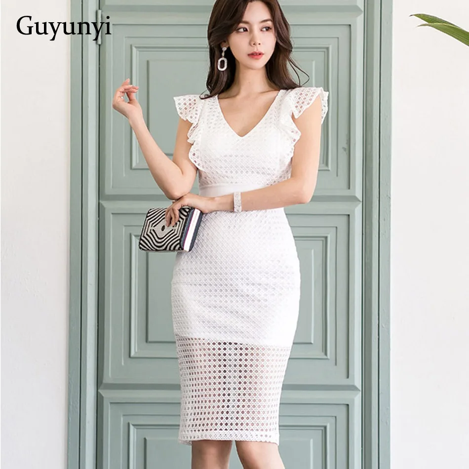 

Summer Office Pencil Dress Small Sexy V-Neck Sleeveless Ruffles White Lace Dress Slim Fit High Waist Elegant Party Dress Women