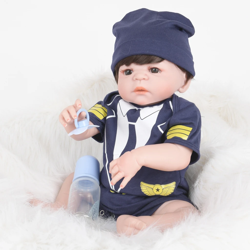 22inch 55cm Lovely Realistic Soft Vinyl Reborn Doll Real Looking Newborn Baby Boy Doll in Uniform Clothes Kids Birthday Gifts