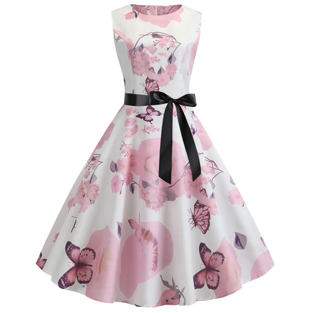 

Summer 2019 Hot Sale Women Vintage 1950s Retro Print Sleeveless Casual Trim Cute Sweet Evening Party Dress