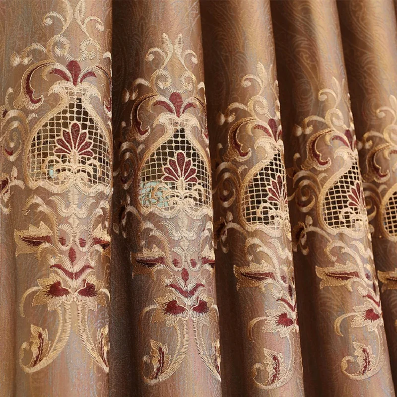Cortinas florales bordadas de lujo de Europa marrón para el dormitorio tratamientos de ventana de sala de estar cortinas de tul para el hogar hecho a medida Cortinas florales bordadas de lujo de Europa marrón para el dormitorio tratamientos de ventana de sala de estar cortinas de tul para el hogar hecho a medida