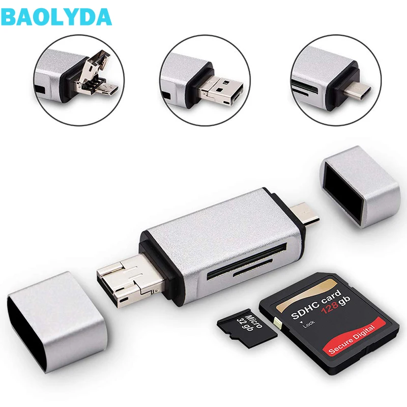 Baolyda SD кардридер 3 в 1 usb type C/Micro USB Мужской адаптер и функция OTG портативная карта
