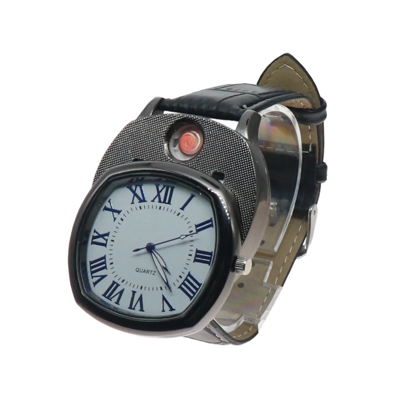 Часы мужские с usb-зарядкой кварцевые зажигалки часы ветрозащитная Зажигалка горячие спортивные повседневные наручные часы A0688 1 шт - Цвет: black black no box
