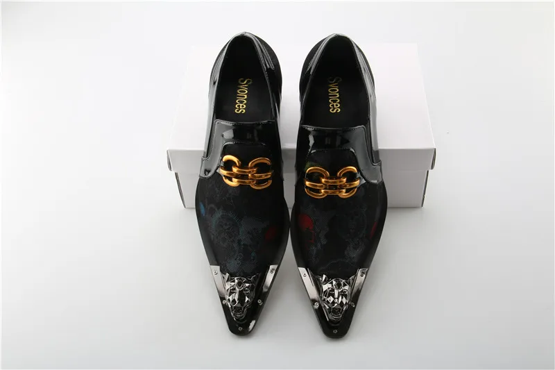 Genuine Leather Mens Shoes Fashion Graffiti Designer Flats Metal Pointed Toe Laofers Party Dressing Brand Shoes Men Plus Size