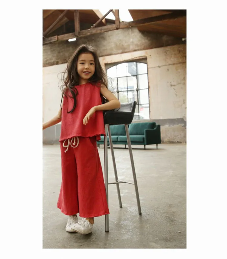 cotton girls summer sets kids suits loose pants baby big girls set summer 2017 new pink blue yellow red sleeveless blouses tops wide leg pants set  2 3 4 5 6 7 8 9 10 11 12 13 14  years little big teenage girls 2 piece girls set summer girls