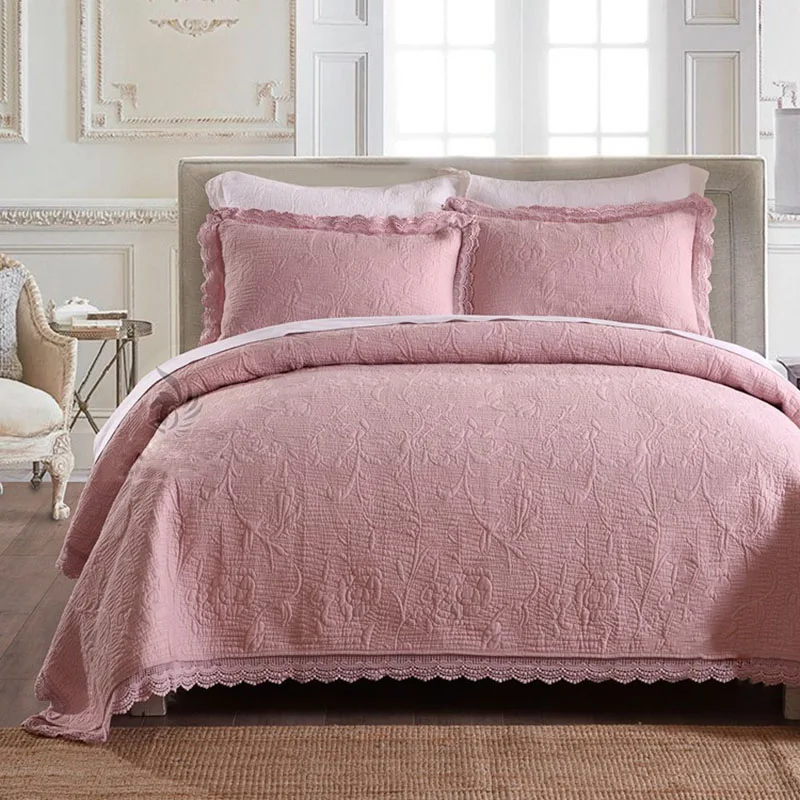 

CHAUSUB Quality Embroidery Quilt Set 3pcs Cotton Quilts Quilted Bedspread Bed Cover Sheets Pillowcase King Size Coverlet Pink