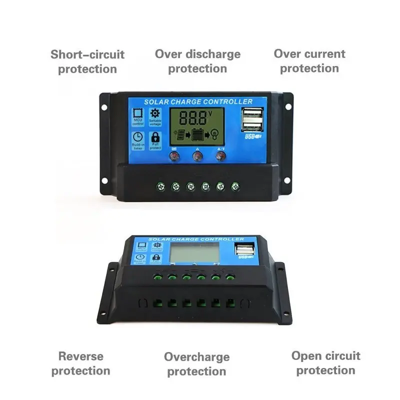 PWM 60A 50A 40A 30A 20A 10A Солнечный контроллер заряда и разряда 12V 24V Авто ЖК-дисплей солнечный регулятор с двумя USB 5V