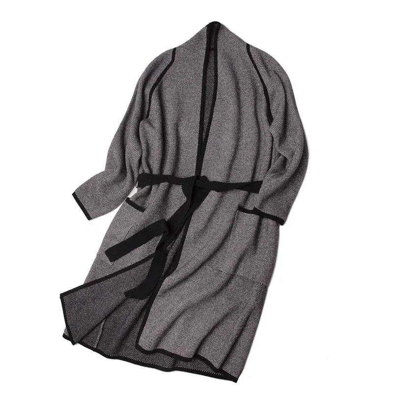  two-tone color 100%goat cashmere twill knit long cardigan sweater belt overcoat women high grade fa