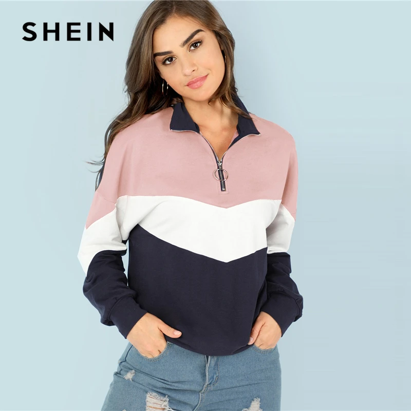SHEIN متعدد الألوان يا الدائري البريدي الجبهة قص و خياطة البلوز Athleisure الوقوف طوق راجلان كم البلوز المرأة الخريف البلوفرات SHEIN متعدد الألوان يا الدائري البريدي الجبهة قص و خياطة البلوز Athleisure الوقوف طوق راجلان كم البلوز المرأة الخريف البلوفرات