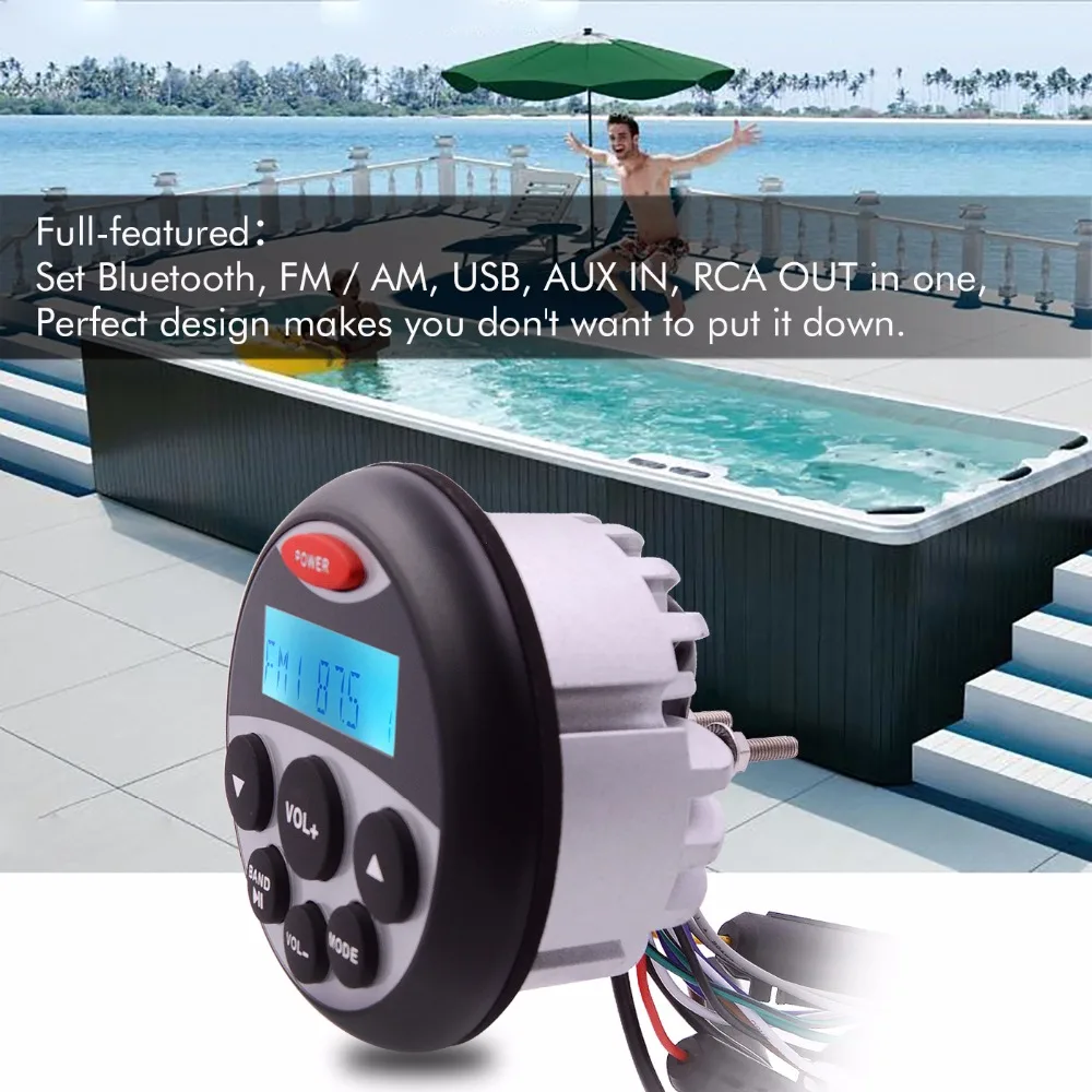 Морская аудиосистема лодка стерео Bluetooth радио FM AM MP3 плеер для мотоцикла Авто ATV " водонепроницаемый динамик+ радио антенна