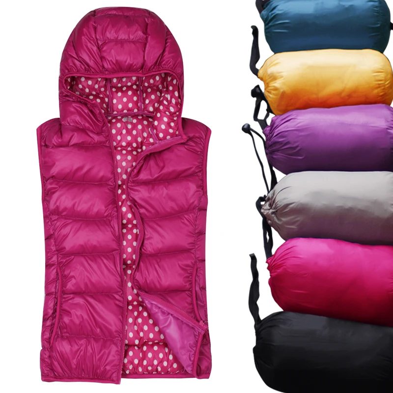 

Autumn Winter Women Sleeveless Jacket Hooded Ultra Light White Duck Down Vest Female Outwear Warm Waistcoat Slim Vest Coat SF429