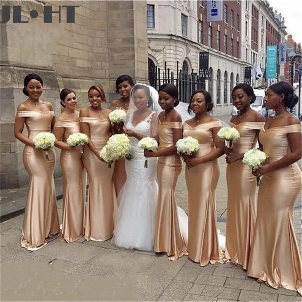 Simple Gold Bridesmaids Dresses Long Mermaid Off Shoulder Wedding Party Dress Maid of Honors Bridesmaids Dress Plus Size