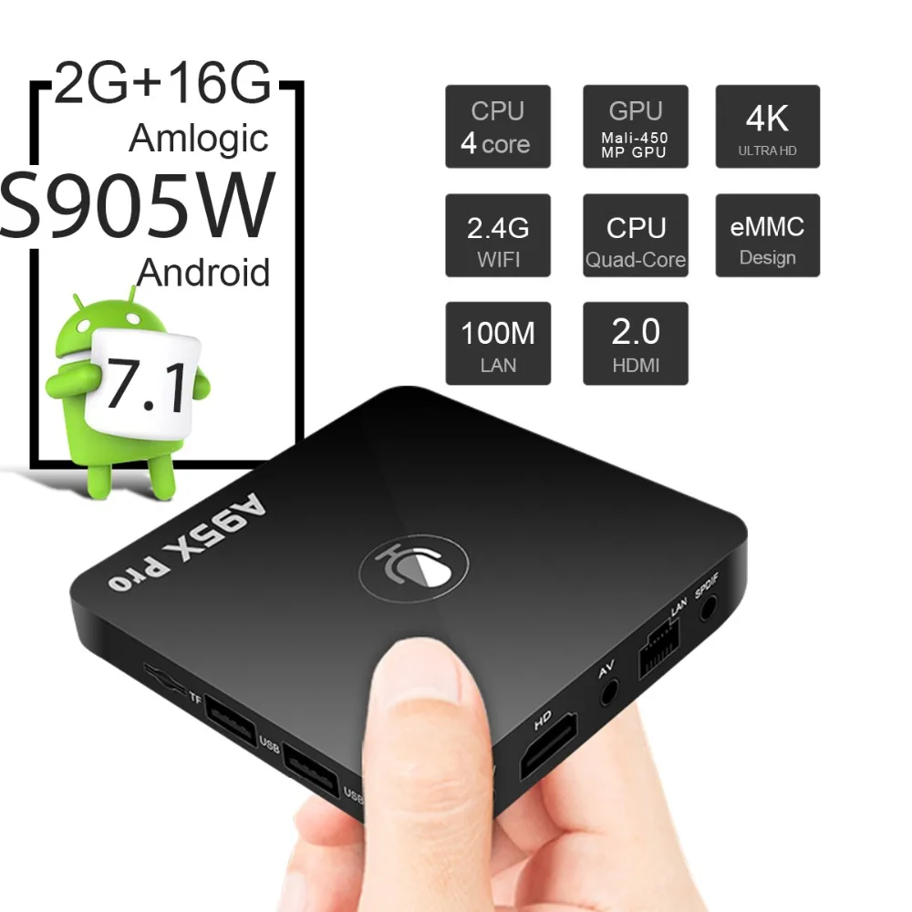 A95X PRO tv Box Amlogic S905W 2 Гб ОЗУ 16 Гб ПЗУ медиаплеер 2,4G WiFi Поддержка Youtube 4K HD 3D tv Android 7,1 Google tv Box