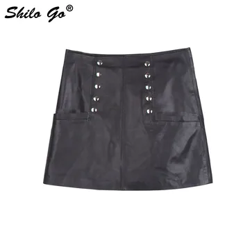 

SHILO GO Leather Skirt Autumn Fashion sheepskin genuine leather Skirt zipper high waist double metal breasted A Line candy skirt