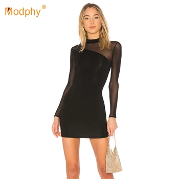 

2019 sexy bandage dress women's new winter black long-sleeved mesh patchwork hollow pencil Bodycon dress club party dress