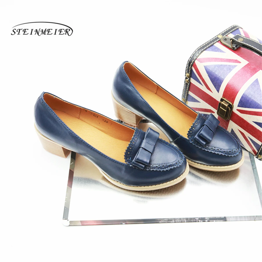 

Women genuine leather oxford shoes designer vintage 5cm Pumps bow blue black shoes round toe handmade oxford shoes for women