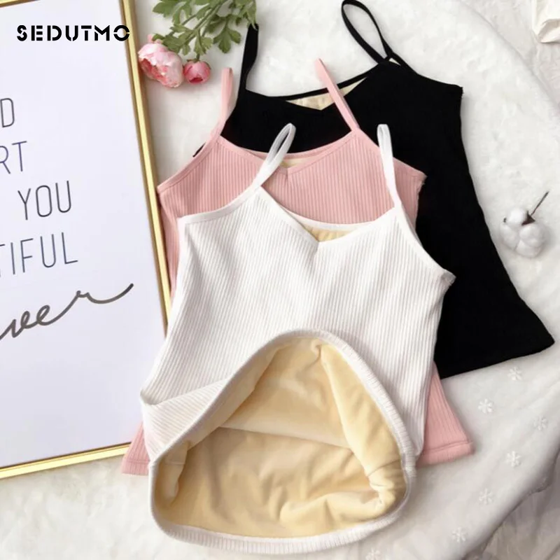 

SEDUTMO Winter Velvet Tank Top Women Sexy Camis Short V neck T shirt Sleeveless Warm Stretch Black Halter Top ED548