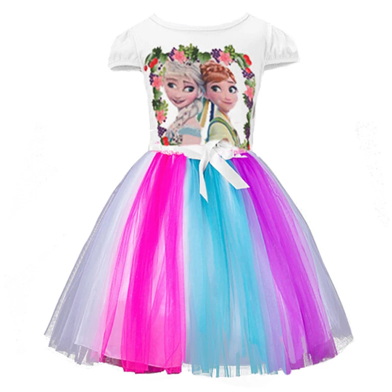 

Girls Cartoon Character Dress Elsa and Anna Kids Summer Clothes Colored Children Tulle Princess Fancy Dress Girls Snow Clothing