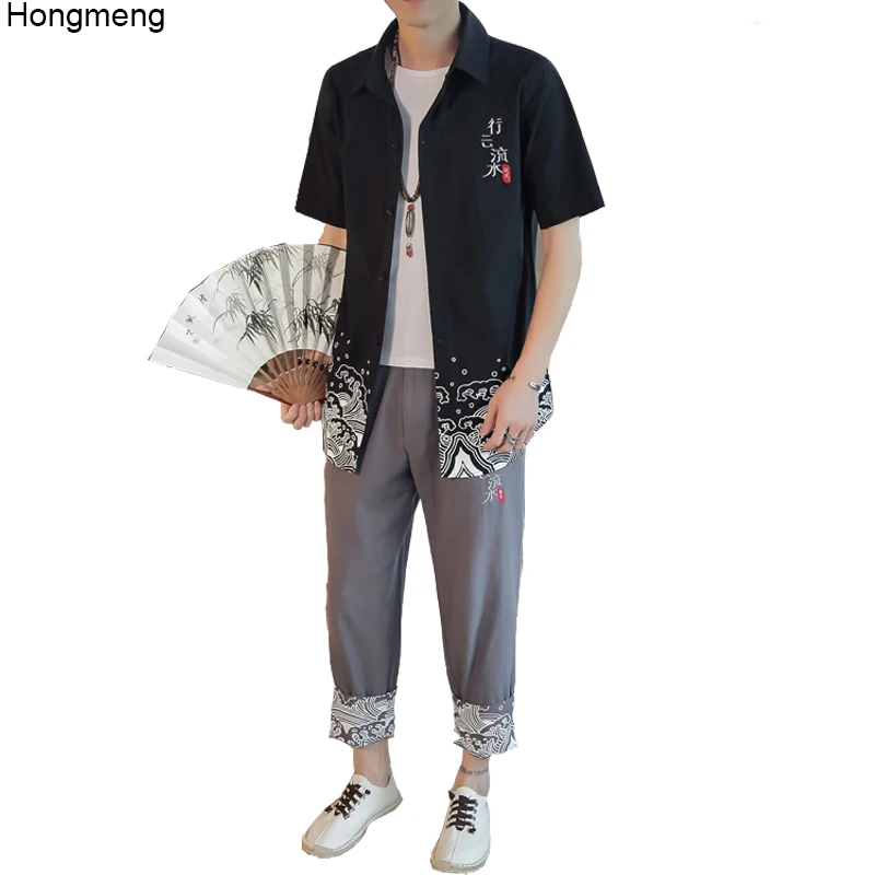 Мужской летний костюм рубашка с короткими рукавами + брюки длиной до щиколотки хлопок лен высокого качества M-4XL в китайском стиле Прямая