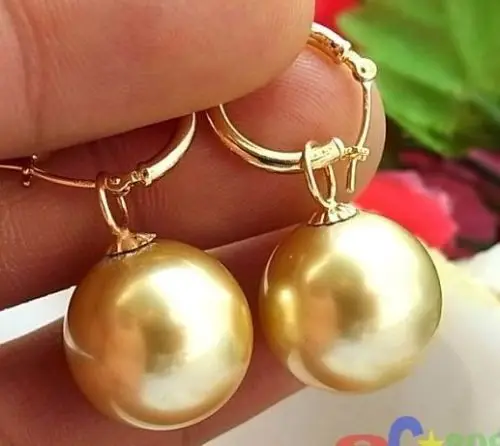 

HUGE 16MM GOLD ROUND SOUTH SEA SHELL PEARL DANGLE EARRING Noble style Natural Fine jewe FREE SHIPPING