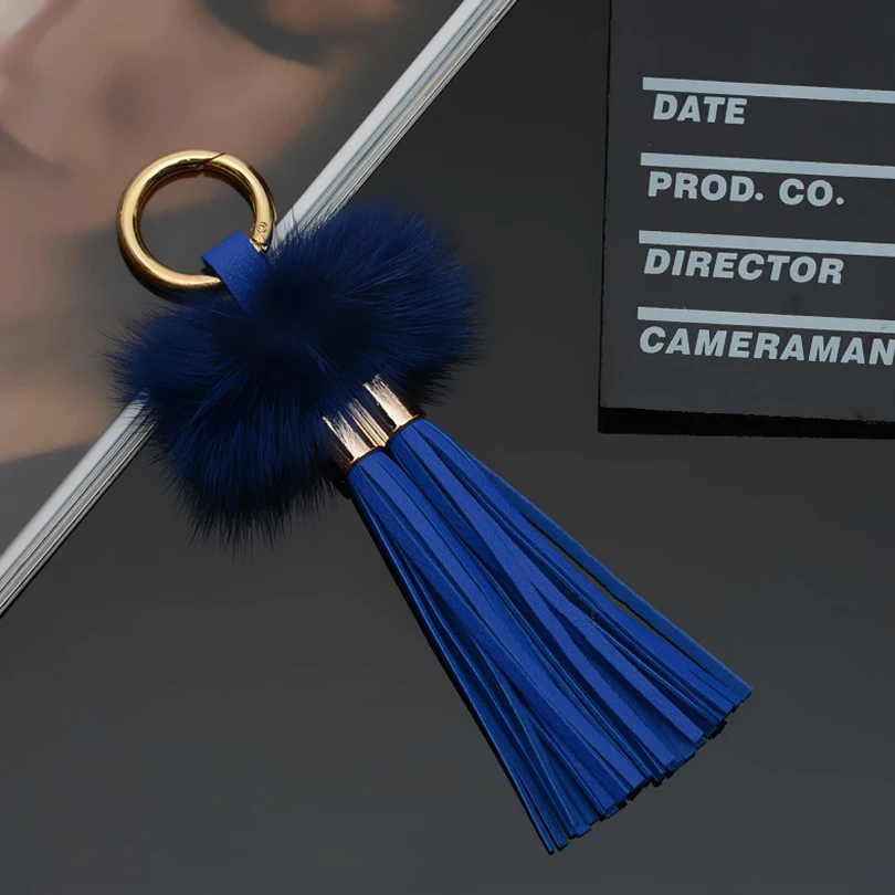 Fashion Genuine mink hair Key Chain Solid color Two Tassels Car Key Ring High Quality Keychain Bag Pendants Gift Jewelry K1784