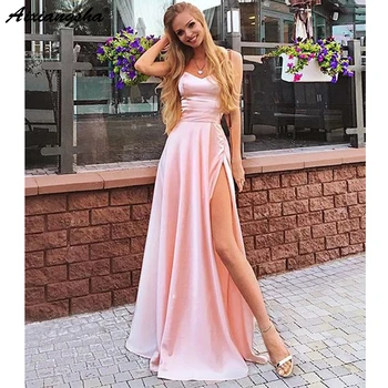

Simple Pink 2019 Prom Dresses A-Line Sweetheart Spaghetti Straps Slit Satin Beautiful Evening Dresses Long Prom Gown Cheap
