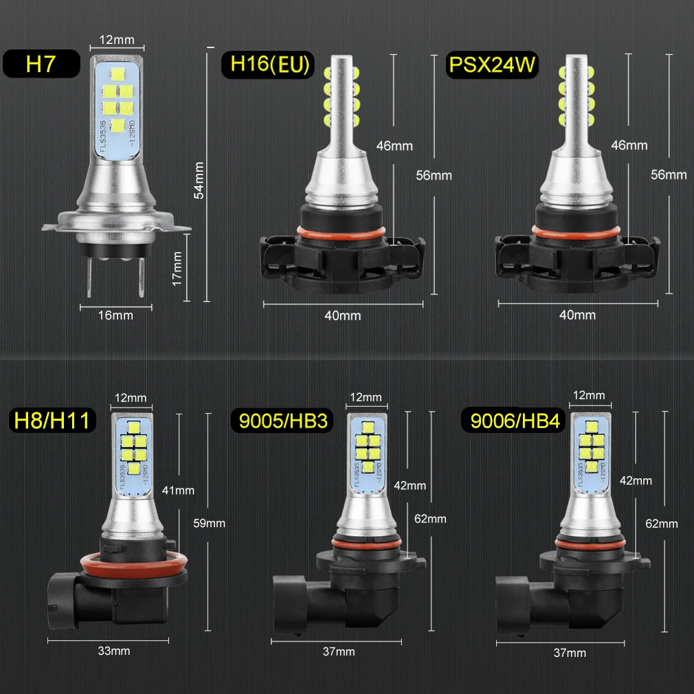 2 шт. Автомобильные светодиодные лампы H1 H3 H7 H8 H11 H16 HB3 9005 HB4 9006 P13W PSX26W PSX24W H27 800 881 P27/7