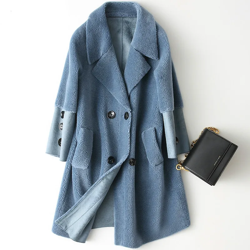 

Real Fur Coat Autumn Winter Jacket Women Clothes 2018 Korean Wool Coat Vintage Long Coats Suede Lining Abrigo Mujer ZT1304